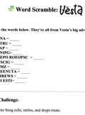 Word Scramble puzzle with scrambled words from Vesta's adventure on a white background
